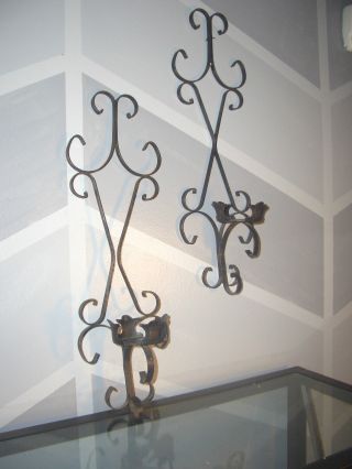 Vintage Pair Black Wrought Iron Candleholders Wall Sconce Metal Art photo