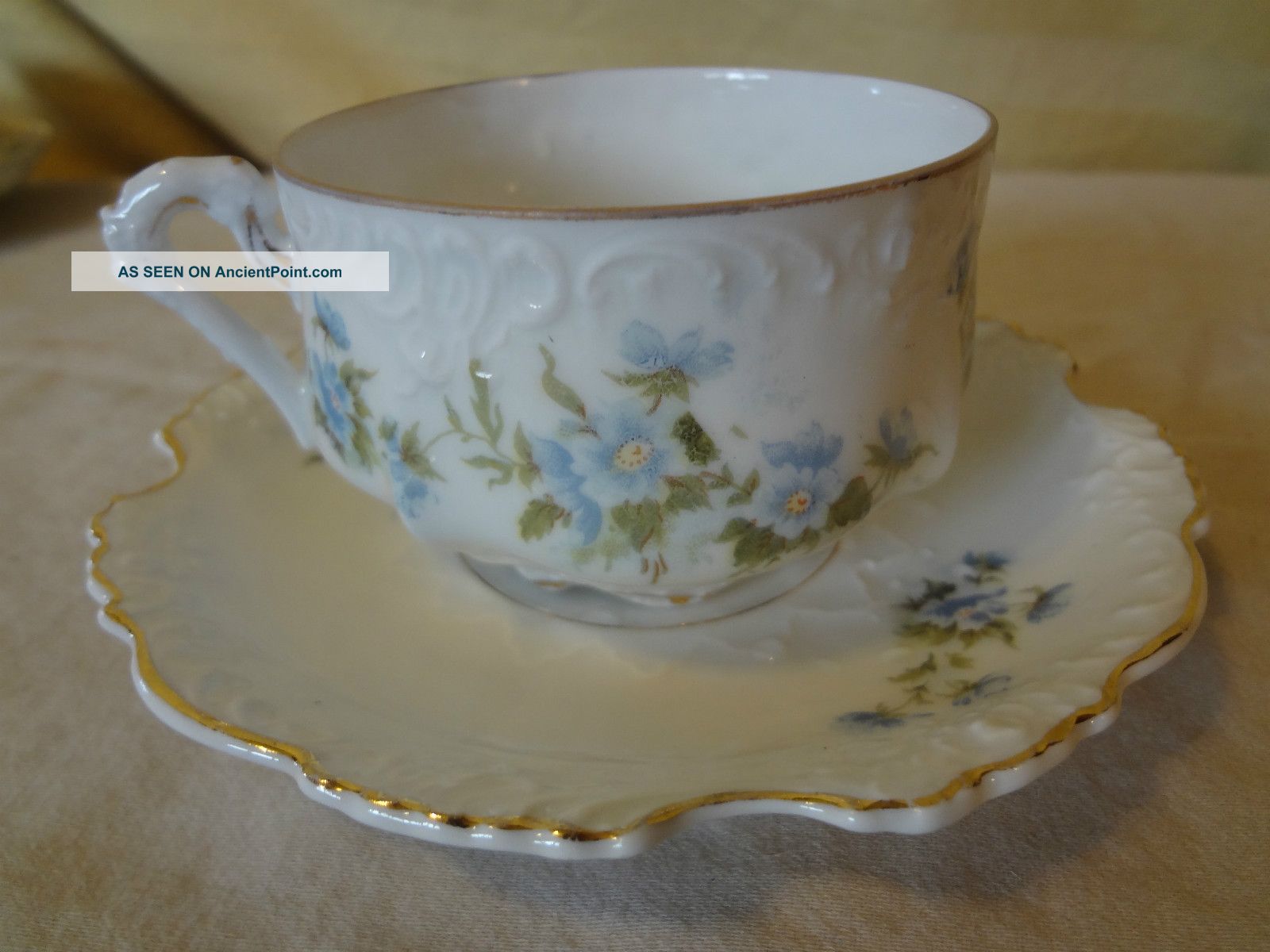 Antique Vintage German Blue Floral Eglantine Porcelain Tea Cup & Saucer Set Cups & Saucers photo