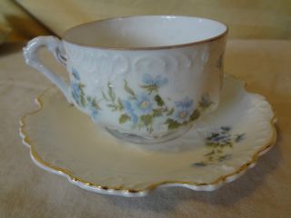 Antique Vintage German Blue Floral Eglantine Porcelain Tea Cup & Saucer Set photo