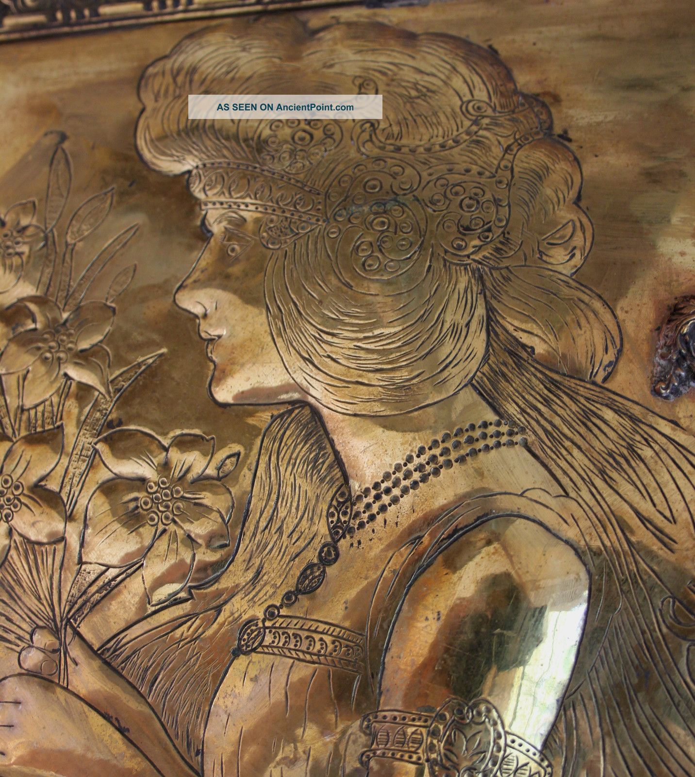 Art Nouveau French Brass Plaque With Relief Girl And Flowers Metalware photo