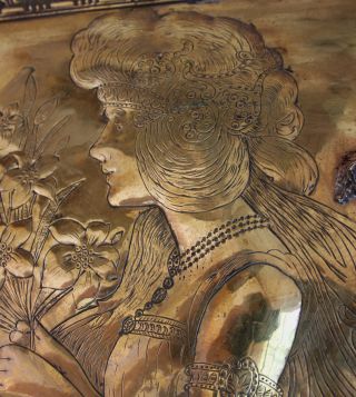 Art Nouveau French Brass Plaque With Relief Girl And Flowers photo