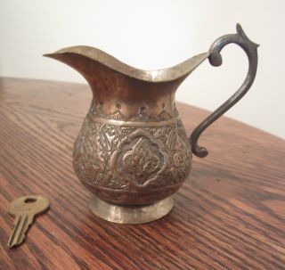 Antique Handmade Thick Copper Primitive Dovetailed Etched Pot Pitcher Kettle Cup photo