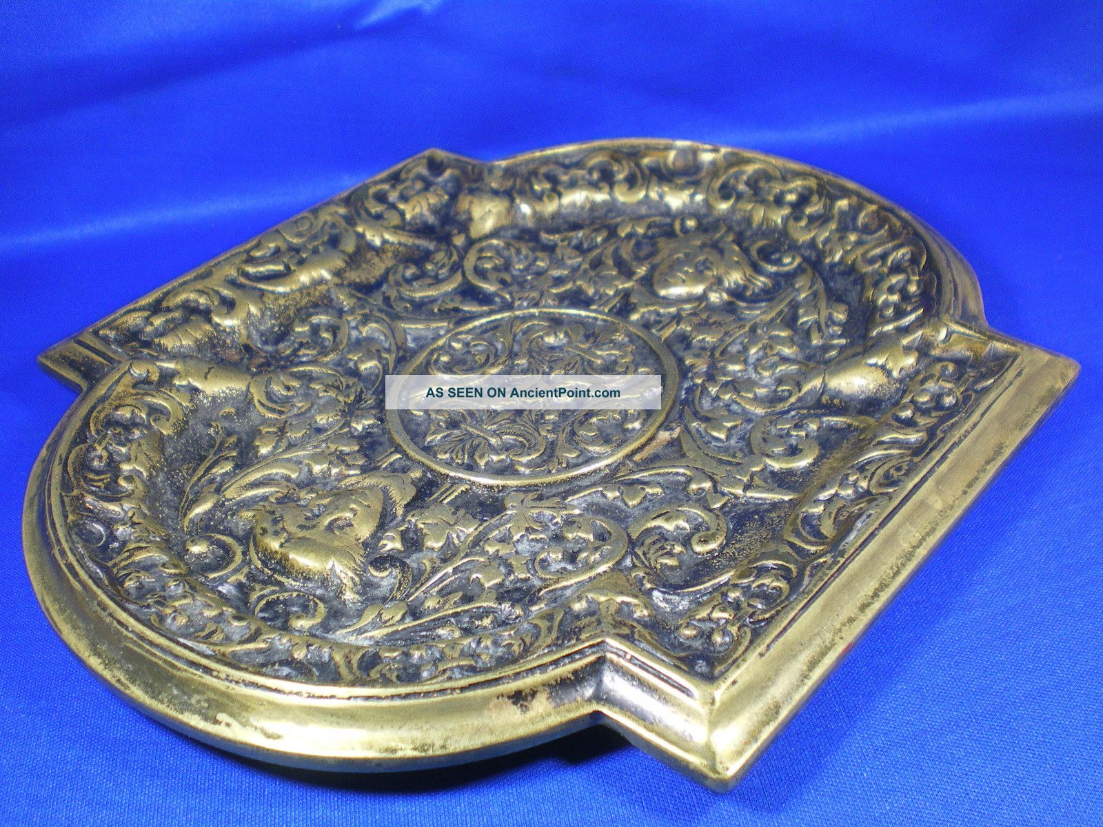 Antique English Heavy Figural Brass Card Tray/salver Masks Fleur De Lis Metalware photo