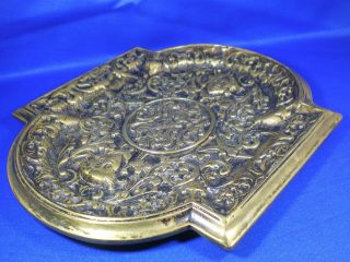 Antique English Heavy Figural Brass Card Tray/salver Masks Fleur De Lis photo