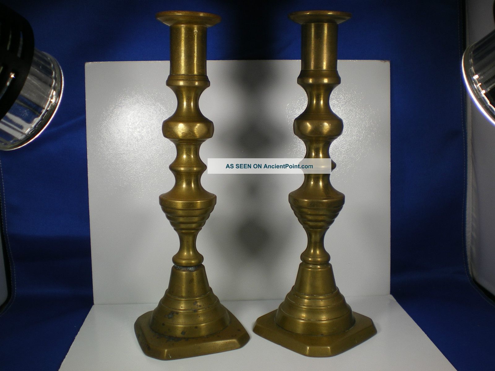 Pair Antique 19th Century Brass Candlesticks Metalware photo