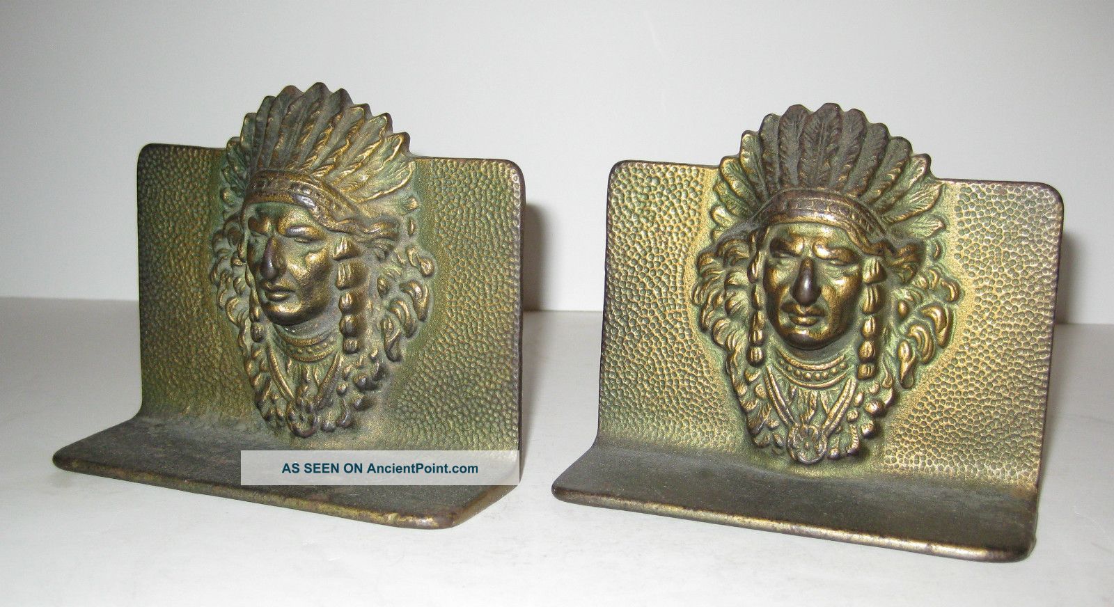 Antique Indian Head Chief Cast Iron Bookends Metalware photo