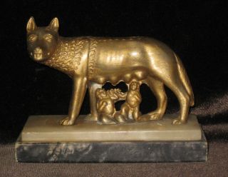 Old Ricordo Di Roma Metal & Marble Capitoline Wolf Suckling Infants Sculpture Nr photo