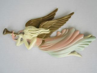 Vintage Cast Metal Angel Trumpetting Horn Wall Art Plaque Kitchen Bath Bed Decor photo