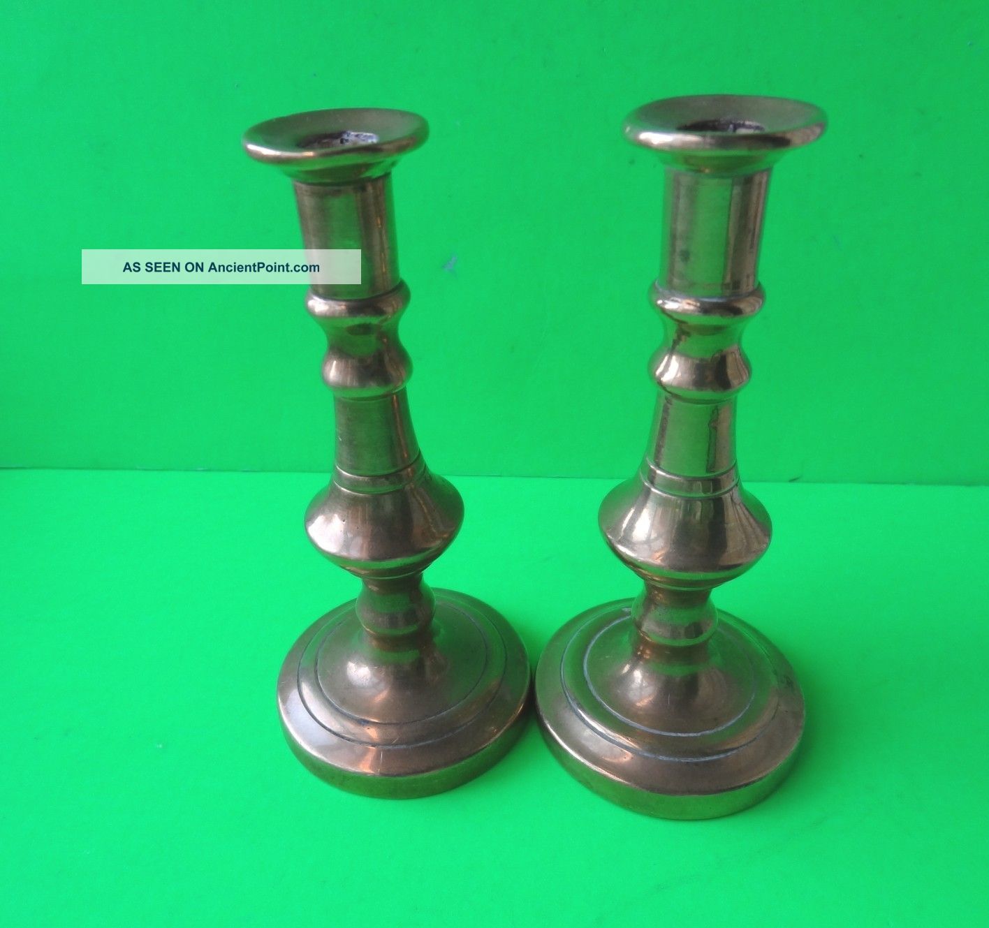 Pair Of Antique Brass Round Base Miniature Candlesticks. Metalware photo