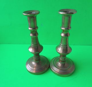 Pair Of Antique Brass Round Base Miniature Candlesticks. photo
