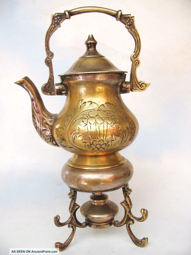 Antique Small (brass) Tea Pot W/ Base & Fuel Burner Metalware photo