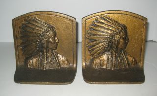 Antique Hubley Indian Head Chief Cast Iron Bookends C:1925 photo