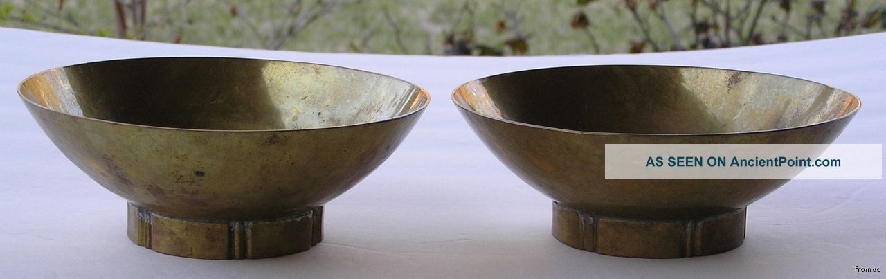 Antique Pair Signed Dirk Van Erp Hand Hammered Brass Footed Bowls C 1930s Metalware photo