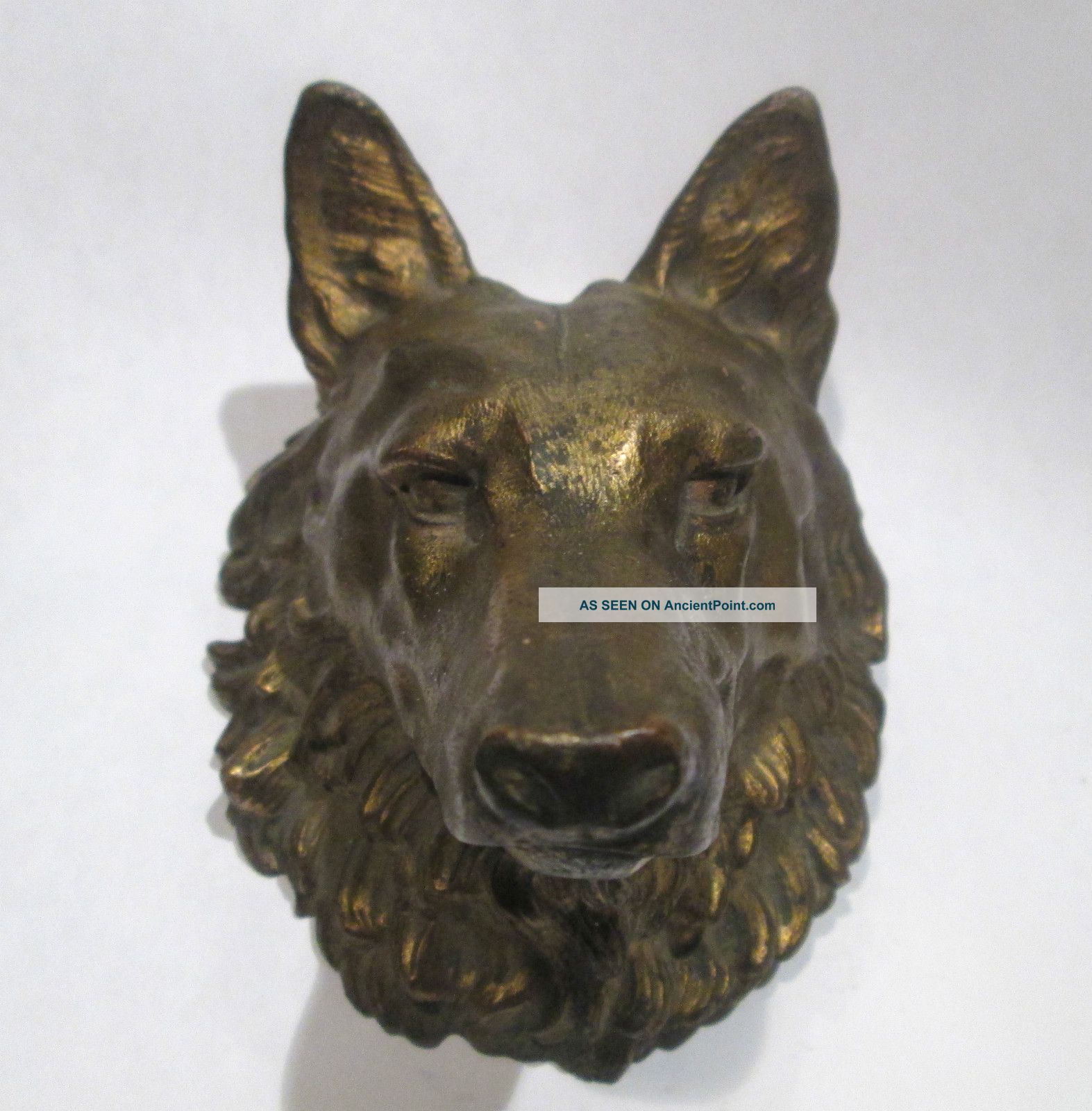 Vintage Cast Metal Sculpted Wolf Head Door Ornament Brass Bronze