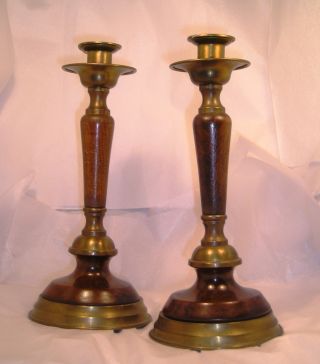 Vintage Or Antique Pair Wood And Brass Candle Stands C29 photo