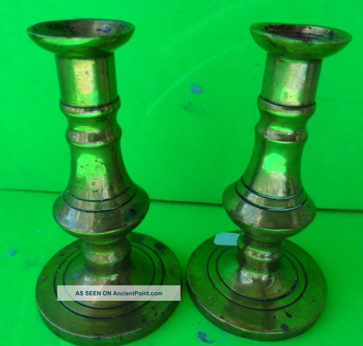 Antique Pair Of 3 Inch High Round Base Miniature Brass Candlesticks.  A1 Metalware photo