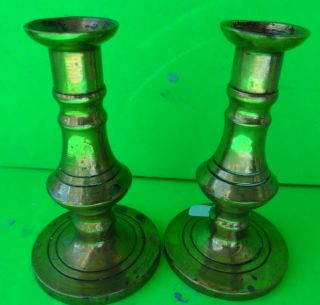 Antique Pair Of 3 Inch High Round Base Miniature Brass Candlesticks.  A1 photo