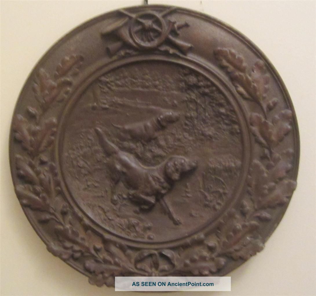 Antique German/ Austrian Bronzed Metal Hunting Wall Plate W/ Dogs - Foundry Mark Metalware photo