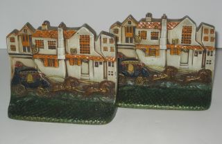 Antique Stagecoach By Tavern Polychrome Cast Iron Bookends C 1934 Mint Condition photo