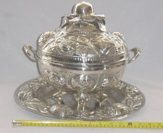 Antiq Handmade German Silver Colonial Covered Vegetable Bowl 3 Pcs Complete 15 