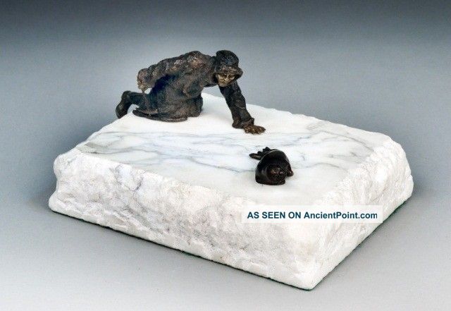 Antique Russian Bronze Statue Figurine Eskimo & Seal Marble Base Metalware photo