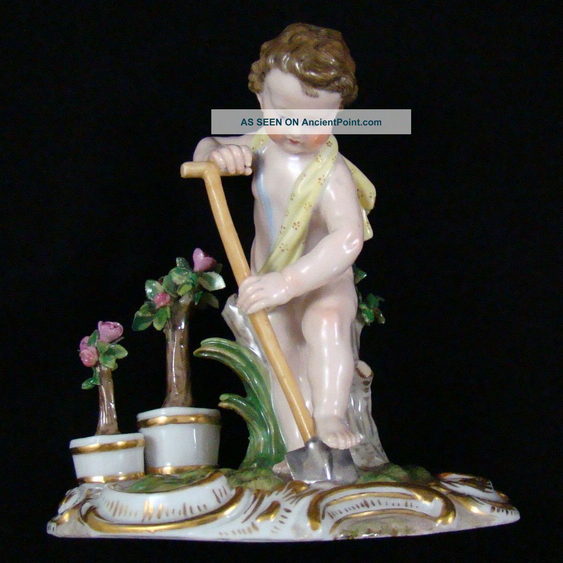 Meissen Porcelain Putti Cherub With Spade Shovel Planting Rose Bushes Figurines photo