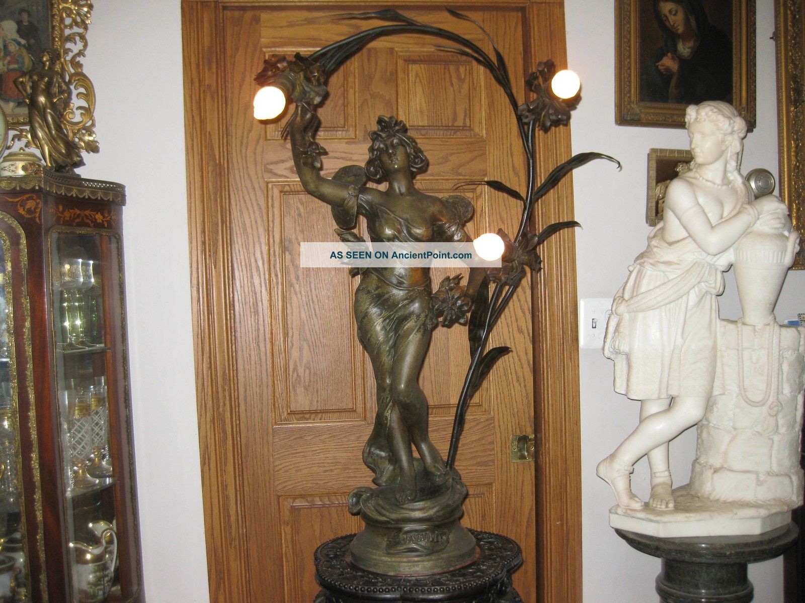 Art Nouveau French Patinated Bronze Light Statue Ca.  1900s Metalware photo