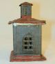 Antique Tin Penny Bank In The Form Of A Bank Building With Red Painted Roof Metalware photo 1