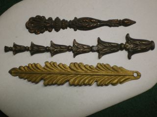 3 Antique Metal Appliques Stylized Feather Acanthus photo