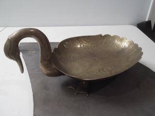 Antique Vintage Large Brass Duck Decorative Bowl Heavy Detailed Engraving photo