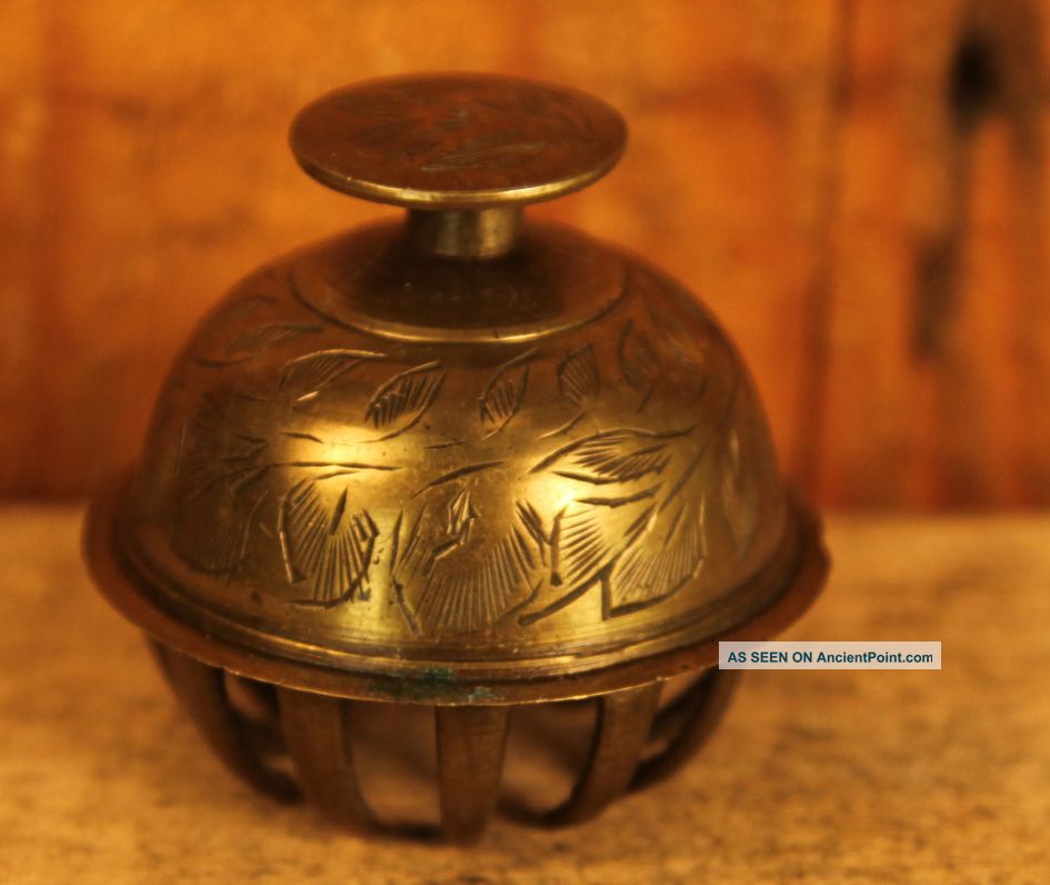 Antique Ornate Engraved Brass Cage Bell Metalware photo