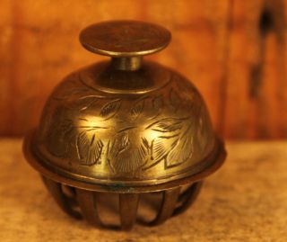Antique Ornate Engraved Brass Cage Bell photo