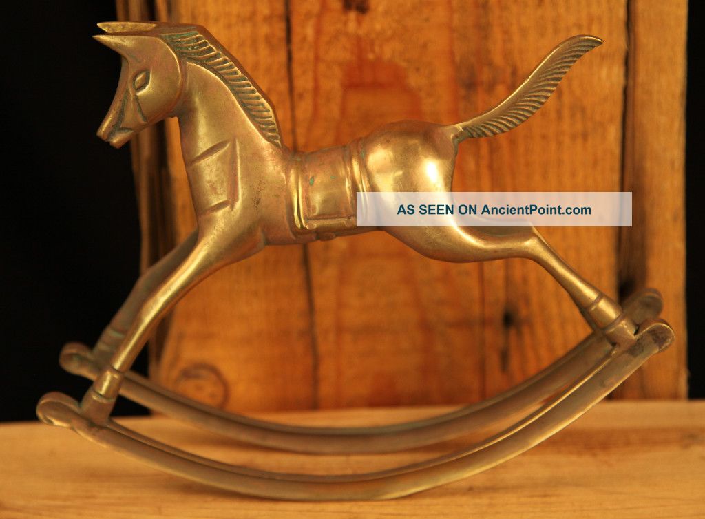 Large Antique Brass Rocking Horse With Aged Patina Metalware photo