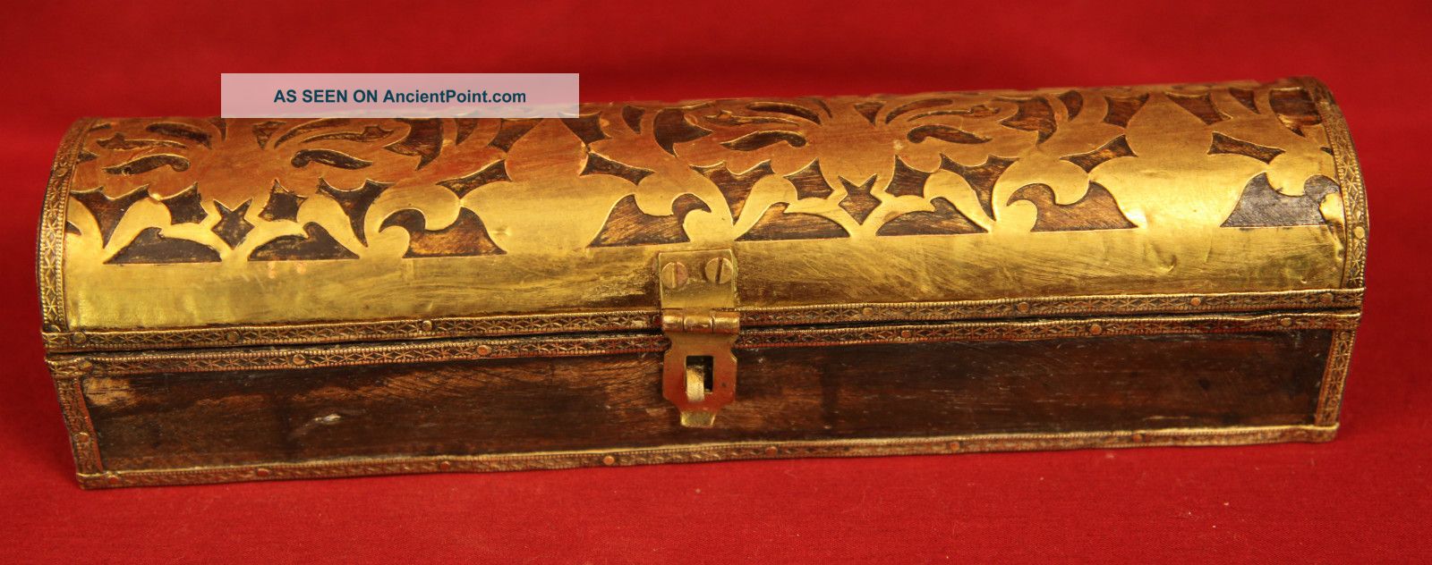 Large Antique Ornate Wood And Brass Box Or Chest Metalware photo