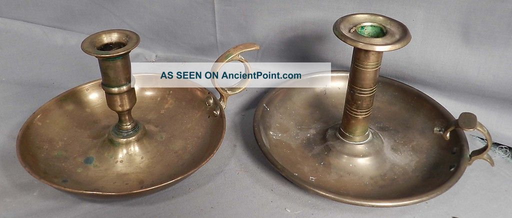 2 Antique Brass Chamber Candlesticks Candle Holder Thumb Push Up Early Victorian Metalware photo
