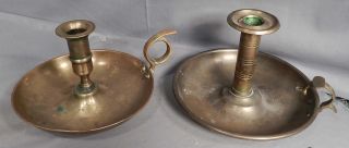 2 Antique Brass Chamber Candlesticks Candle Holder Thumb Push Up Early Victorian photo