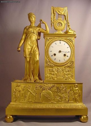Antique Circa 1800 Gilt Bronze Clock With Lady & Cherub photo