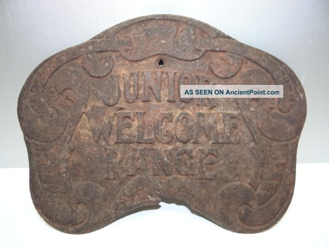 Antique Old Metal Cast Iron Welcome Junior Range Plaque Wall Sign Architectural Metalware photo