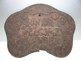 Antique Old Metal Cast Iron Welcome Junior Range Plaque Wall Sign Architectural photo