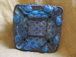 Art Nouveau Bronze Leafy Thick Old Blue Heavy Glass Ashtray No Chips Or Cracks photo