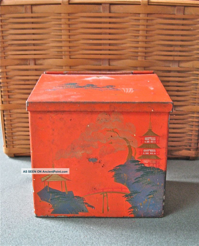 Antique Hand Painted Metal Box Mt.  Fuji Japan Asian Metalware photo
