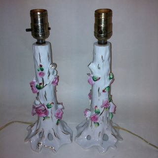 Vintage White Porcelain Lamps Set Of 2 With Pink Flowers And Gold Trim photo