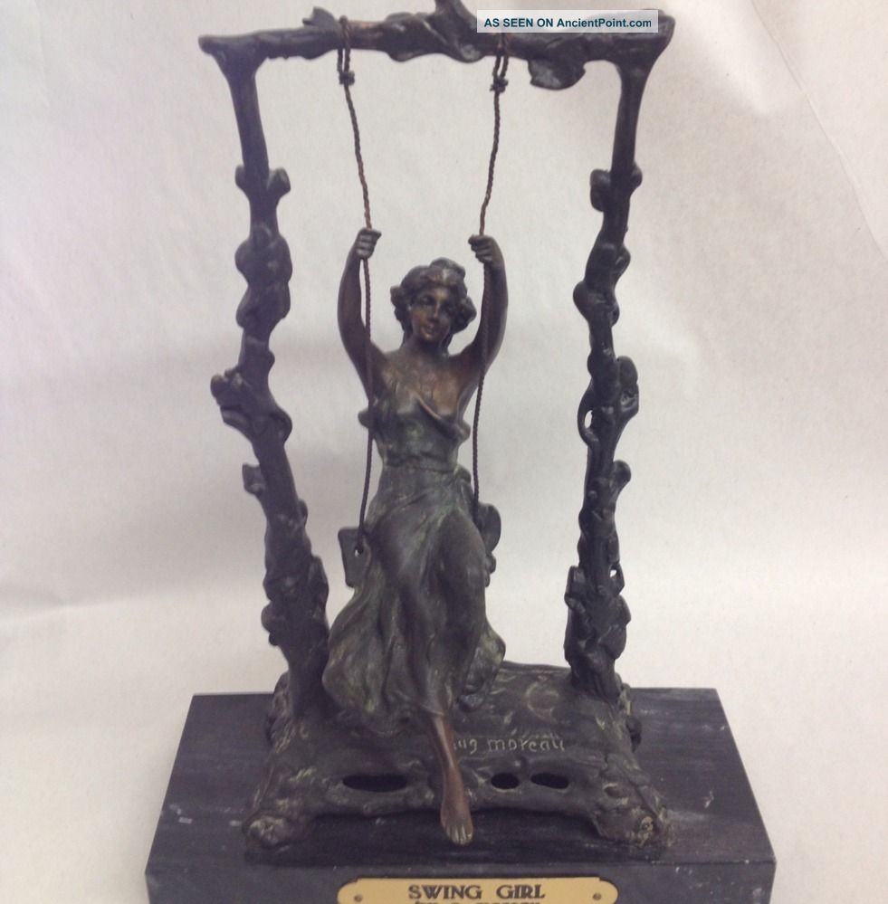 Antique August Moreau (1837 - 1917) Lady In A Swing Bronze Metalware photo