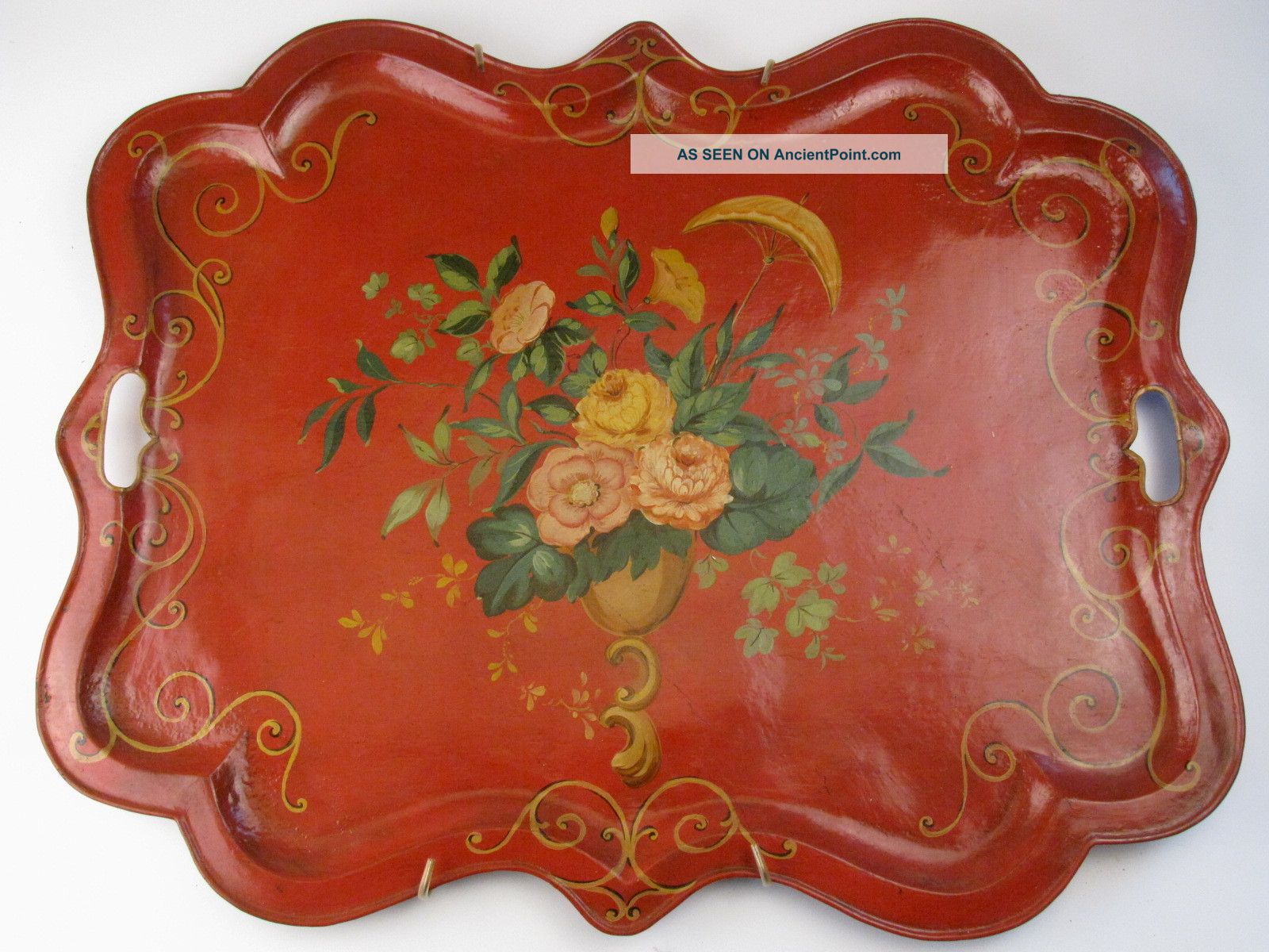 Antique Hand Painted Tole Heavy Tin Tray Huge 28 