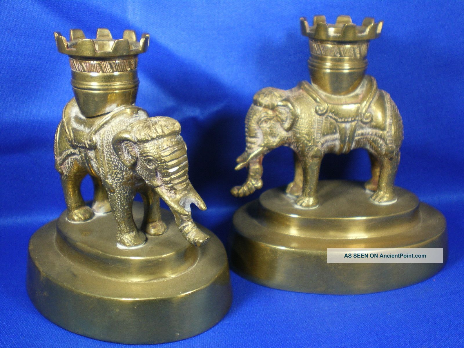 Pair Antique Figural Elephant Brass Candlesticks Metalware photo