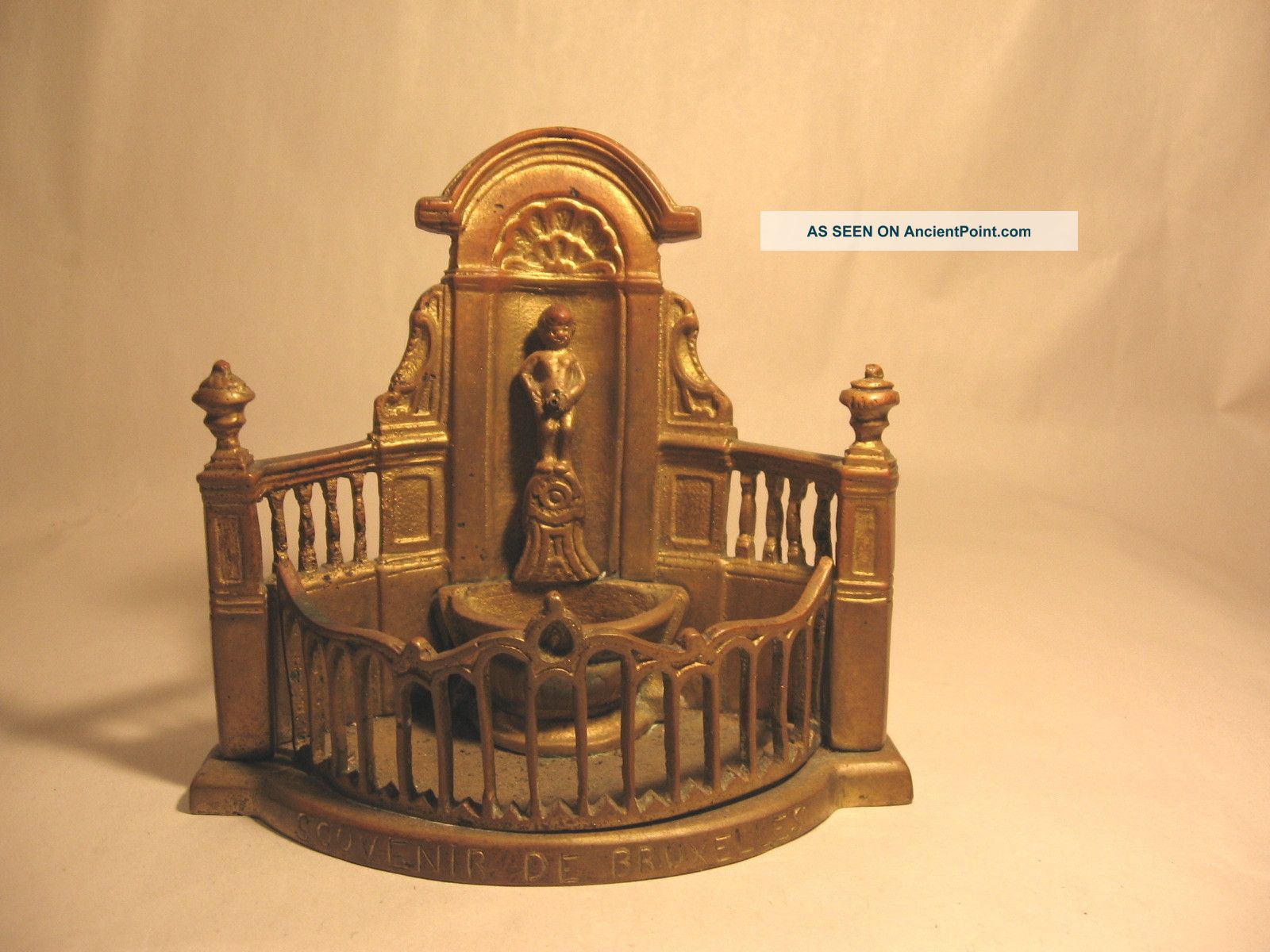 Souvenir De Bruxelles Peeing Boy Figure Gaited Fountain Antique Cast Metal 1898 Metalware photo