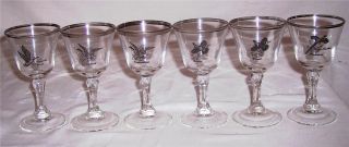 Vintage Elegant Glass Game Bird Liquor Cocktail Stems Silver Rims Acl Birds 1950 photo