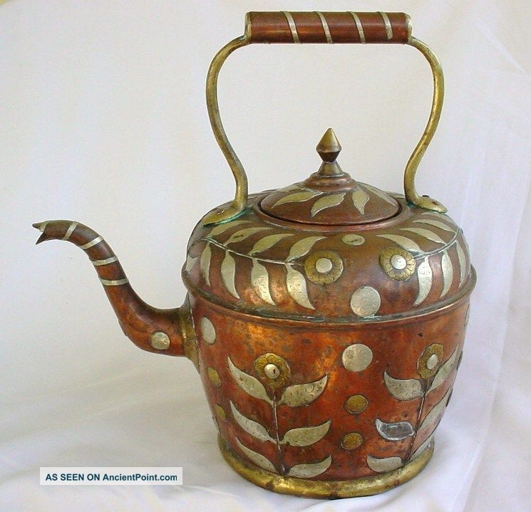 Teapot Brass & Copper & Silver Antique Persian? Middle Eastern Deposee Marked Metalware photo