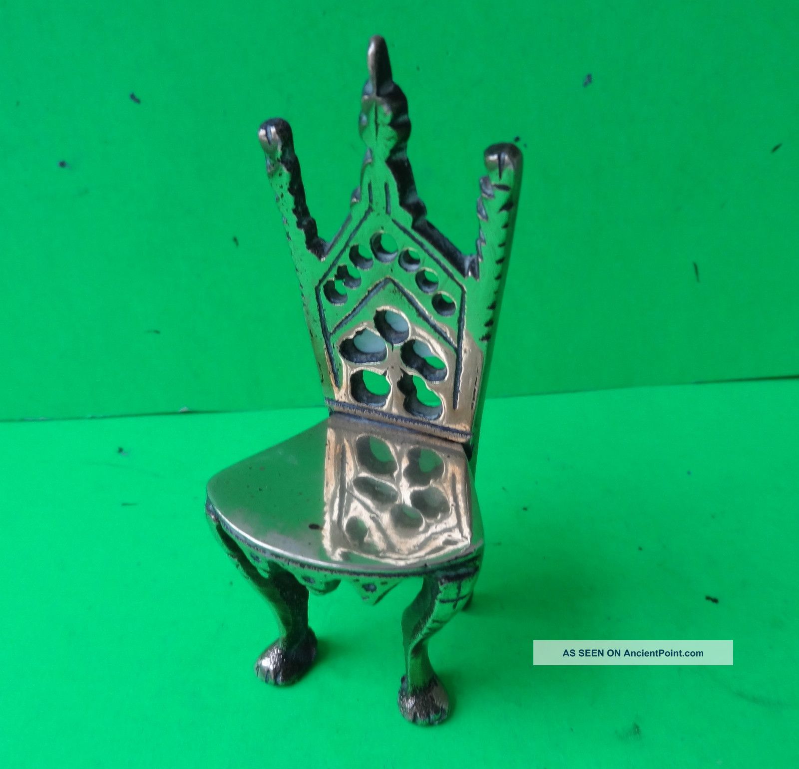 Antique Brass Miniature Gothic Design Chair,  Dolls House? Metalware photo