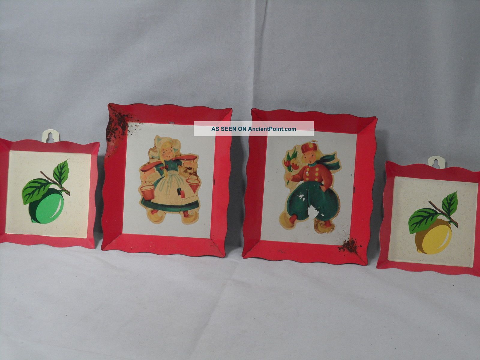 Cutie Vtg 1940s Metal Kitchen Wall Hangings - Red - Lemon Lime Dutch Children Metalware photo